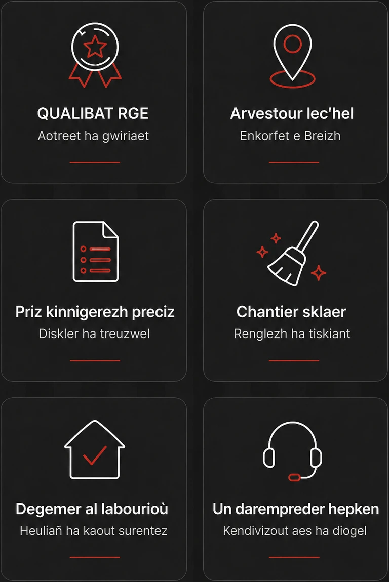 Kreñvderioù pennañ Tregor Staliadurioù : QUALIBAT RGE, artizan eus ar vro, rakpriz resis, chanter naet, degemer al labourioù hag un darempreder hepken