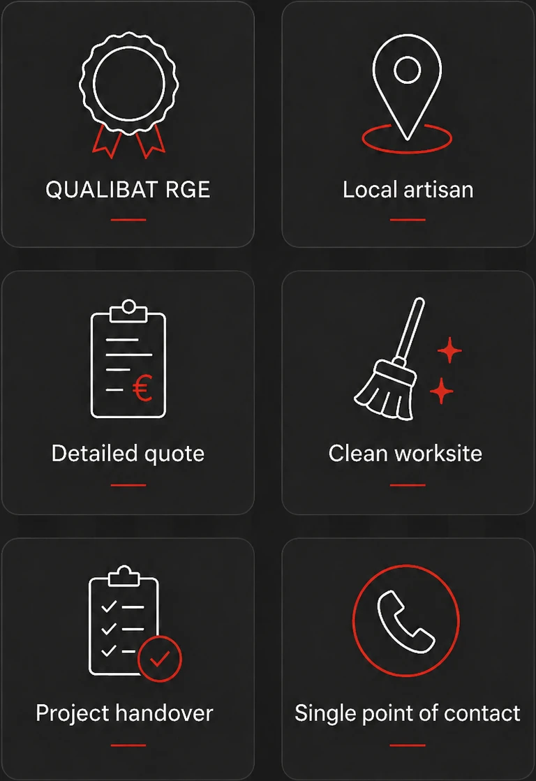 Key reasons to choose Tregor Agencements: QUALIBAT RGE qualification, local artisan, detailed quote, clean worksite, project handover and a single point of contact