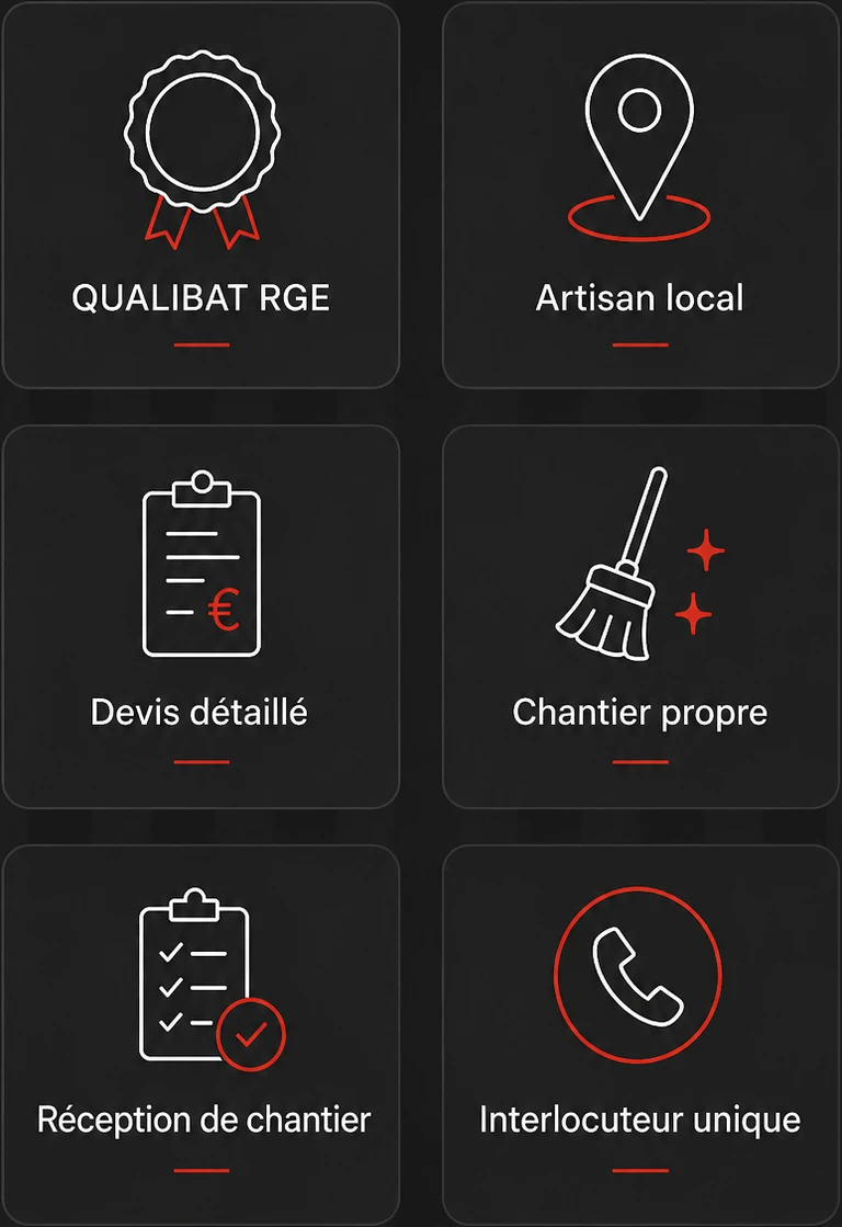 Arguments clés de Trégor Agencements : qualification QUALIBAT RGE, artisan local, devis détaillé, chantier propre, réception de chantier et interlocuteur unique