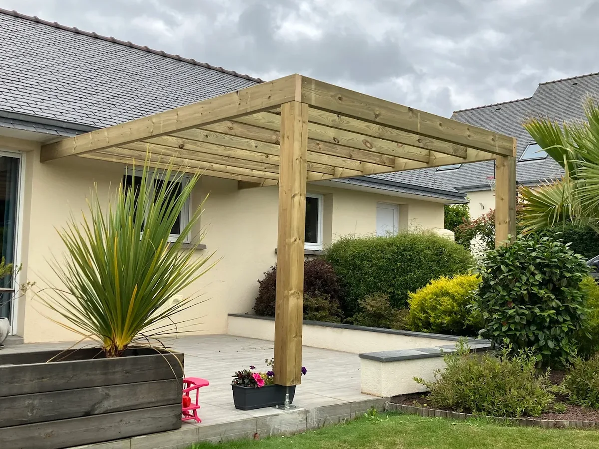 Timber pergola and exterior fitting in front of a house
