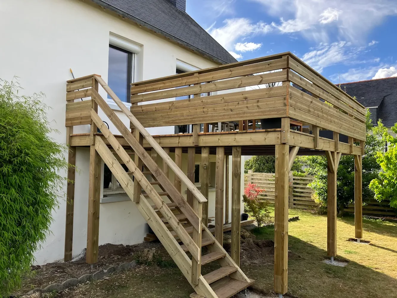 Raised timber deck with an exterior staircase